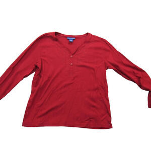 Karen Scott Shirt Womens Medium Red Long Sleeve Embroidered Buttons Cotton Top